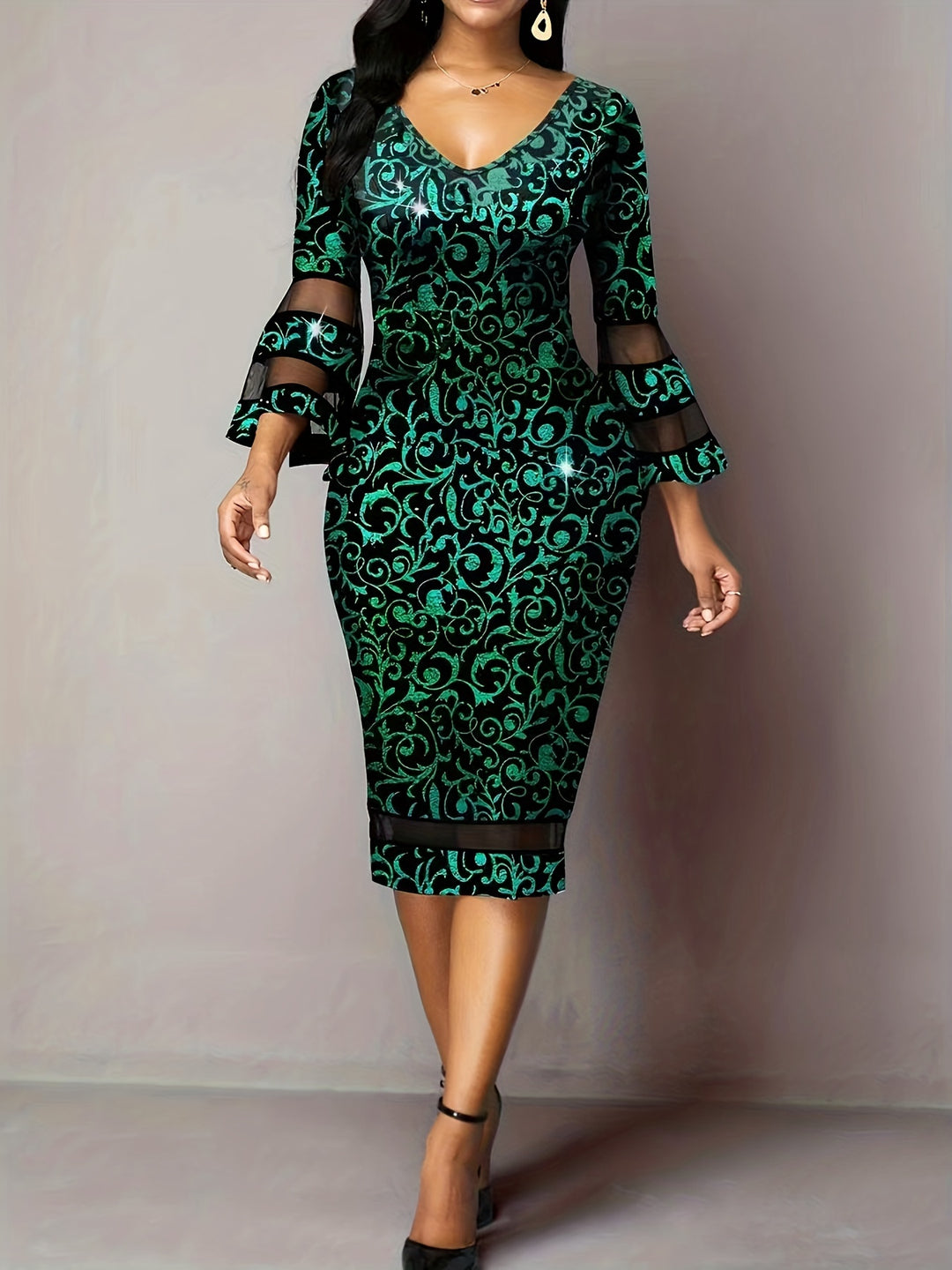 Plus Size Elegant Dress, Women's Plus Braque Print Contrast Mesh Trumpet Sleeve V Neck Slim Fit Party  Dress