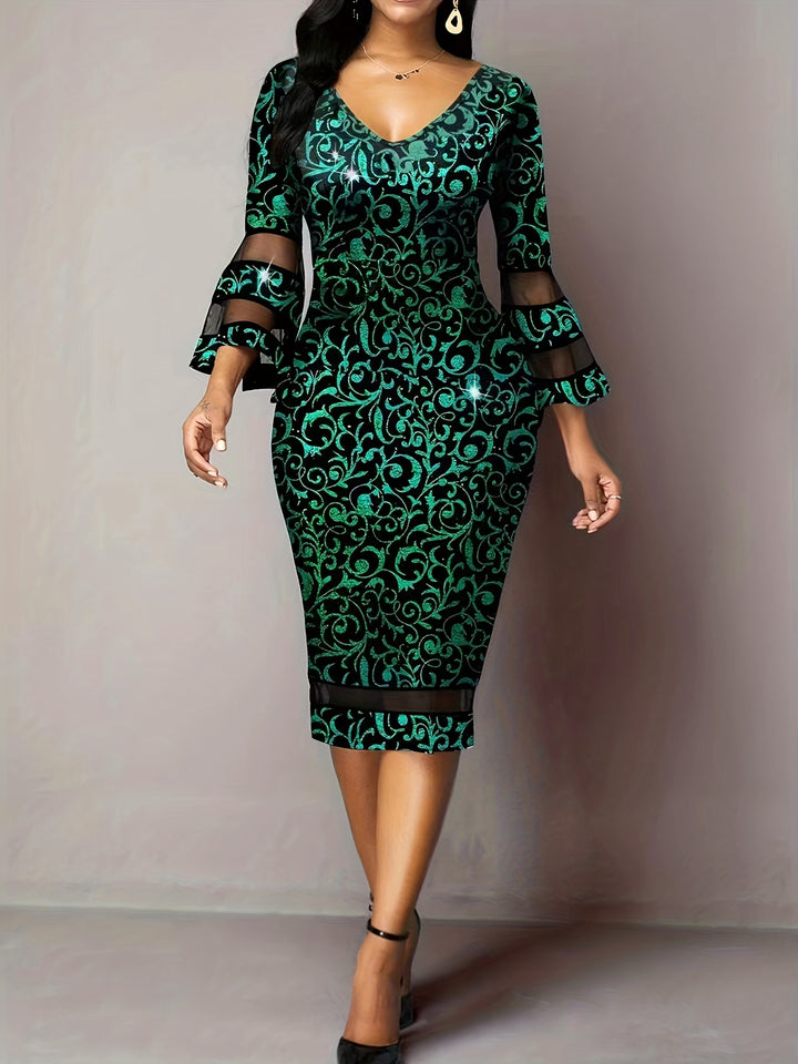 Plus Size Elegant Dress, Women's Plus Braque Print Contrast Mesh Trumpet Sleeve V Neck Slim Fit Party  Dress