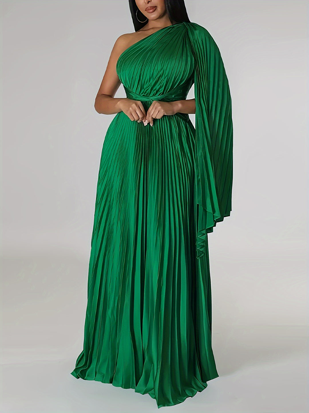 Plus Size Elegant Wedding Guest Dress, Women's Plus Solid One Shoulder Nipped Waist Pleated Maxi Pron Party Formal Dress