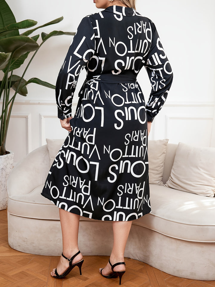 Stylish Plus Size Dress with Letter Print and Belted Design, Perfect for Casual Wear - Women's Plus Size Clothing