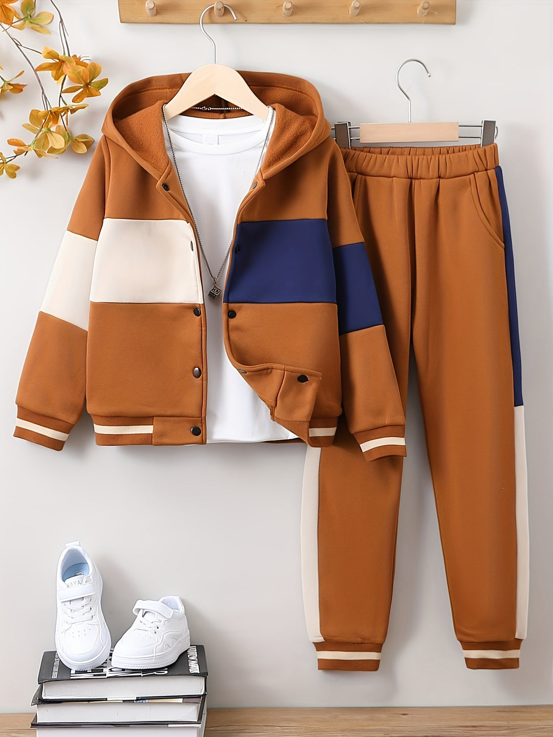 Boy's Color Clash 2pcs, Hooded Jacket & Sweatpants Set, Windproof Casual Outfits, Kids Clothes For Spring Fall