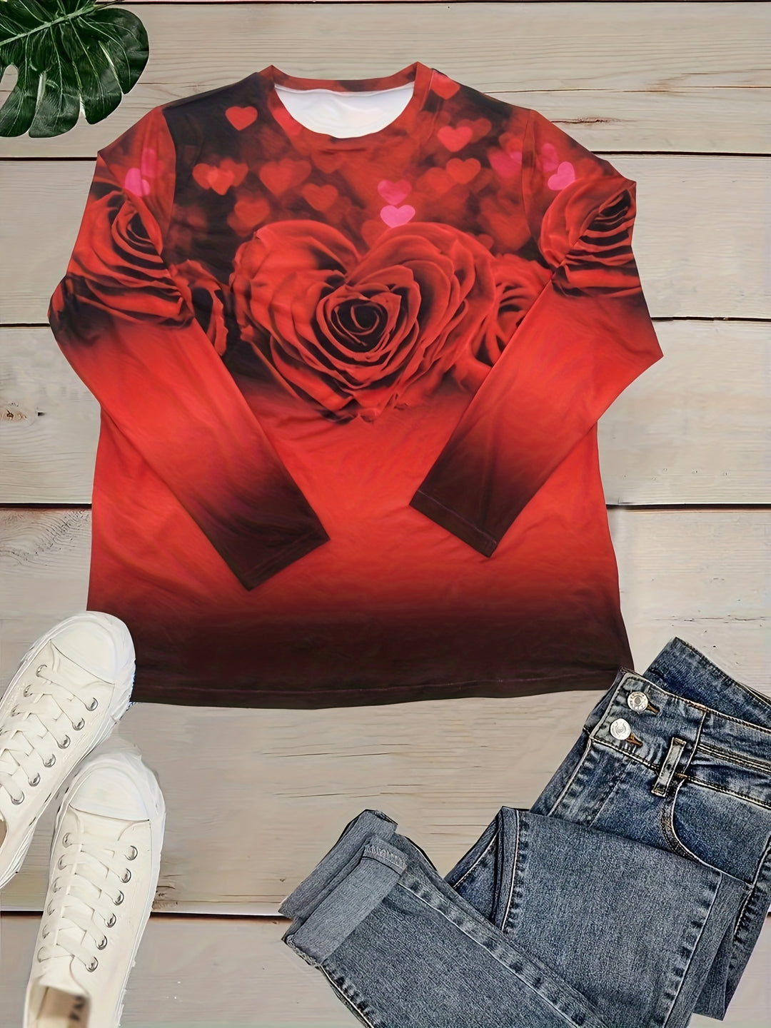 Plus Size Casual Top, Women's Plus Rose & Heart & Ombre Print Long Sleeve Round Neck Slight Stretch Top