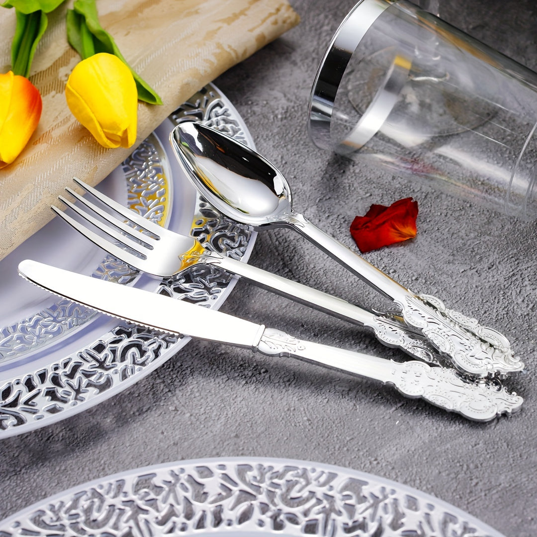 30pcs, Silvery Plastic Silverware, Silvery Plastic Tableware Including 10 Silvery Plastic Forks, 10 Spoons And 10 Knives, Premium Silver Disposable Cutlery Set For Parties, Holidays, Weddings, Hand Washable And Reusable