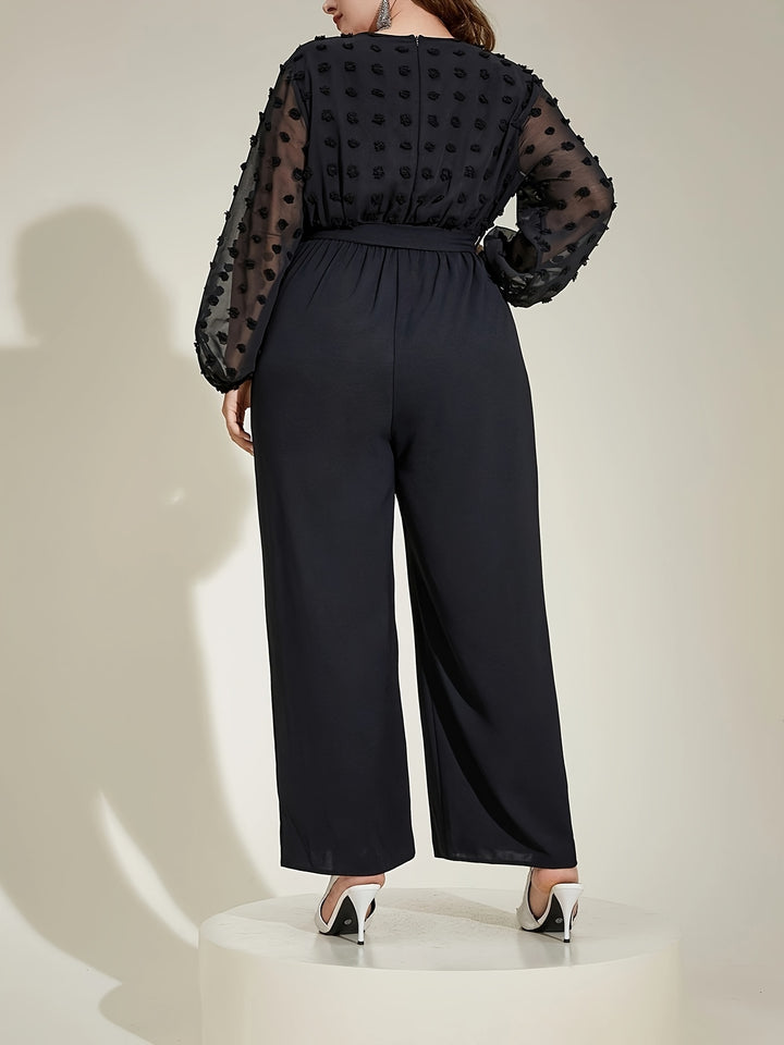 Women's Casual Jumpsuit, Plus Size Solid Contrast Mesh Swiss Dot Long Sleeve Surplice Neck Wide Leg Jumpsuit With Belt