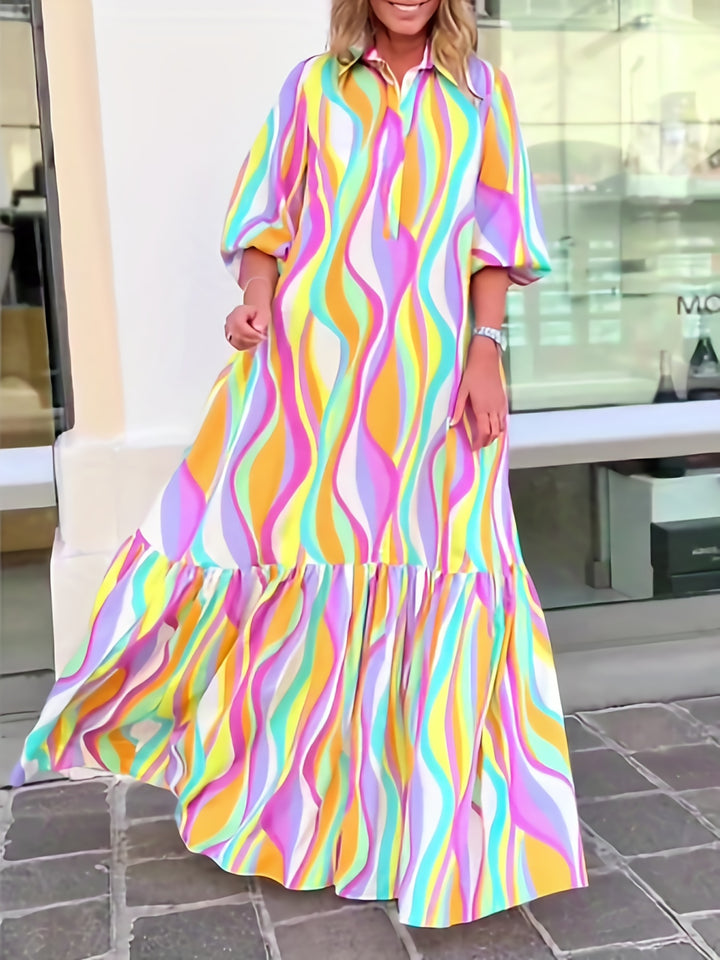 Plus Size Elegant Dress, Women's Plus Colorblock Stripe Print Half Puff Sleeve Button Detail Lapel Collar Smock Pron Maxi Dress