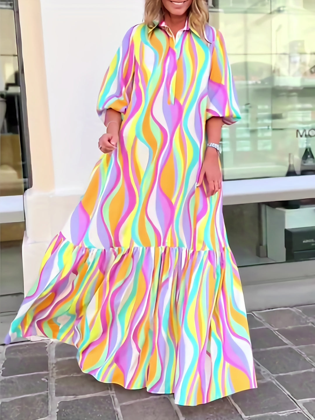 Plus Size Elegant Dress, Women's Plus Colorblock Stripe Print Half Puff Sleeve Button Detail Lapel Collar Smock Pron Maxi Dress