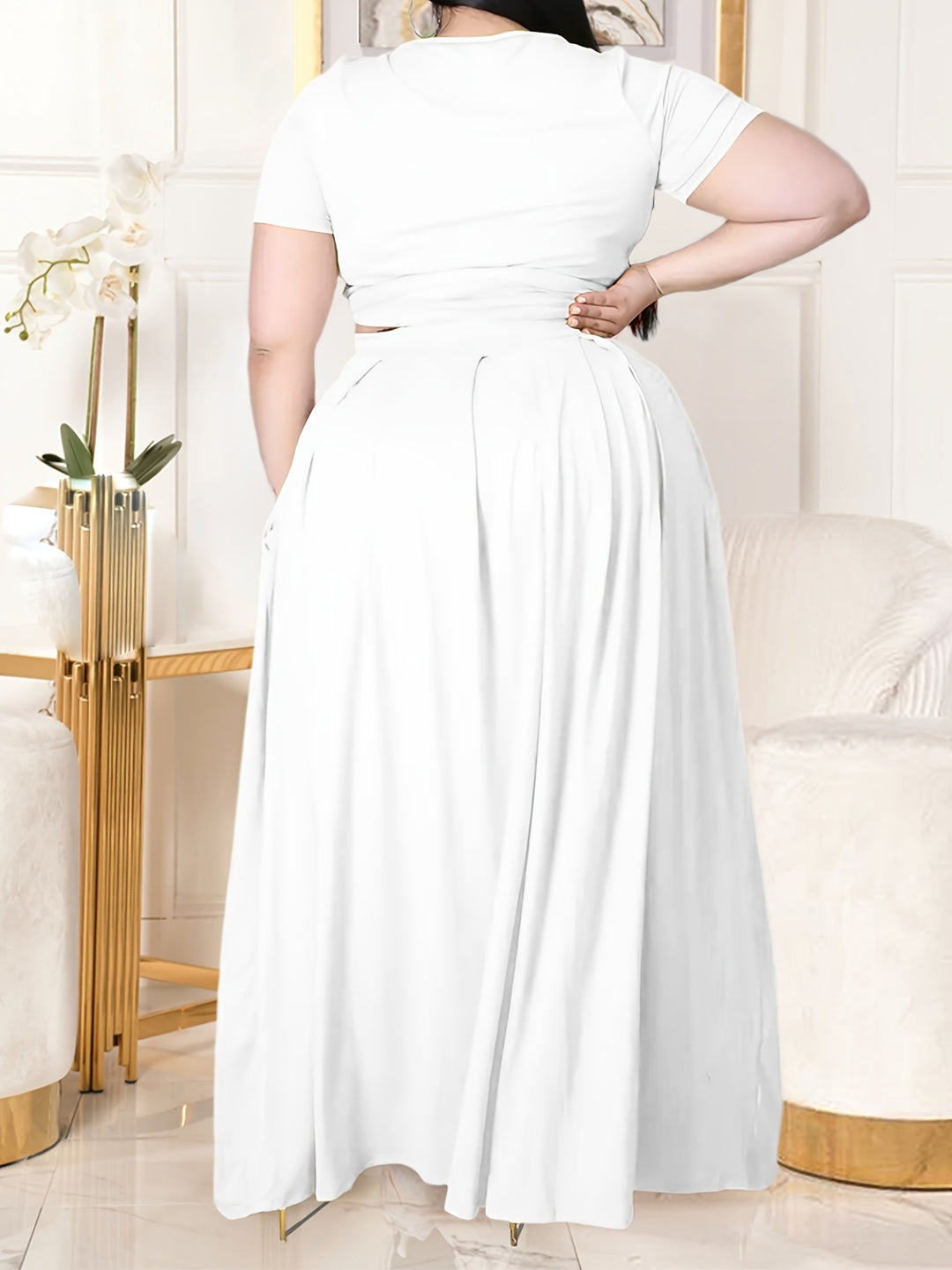 Plus Size Casual Outfits Set, Women's Plus Plain Short Sleeve Crop Top Side Knot & Maxi Skirt Outfits Two Piece Set