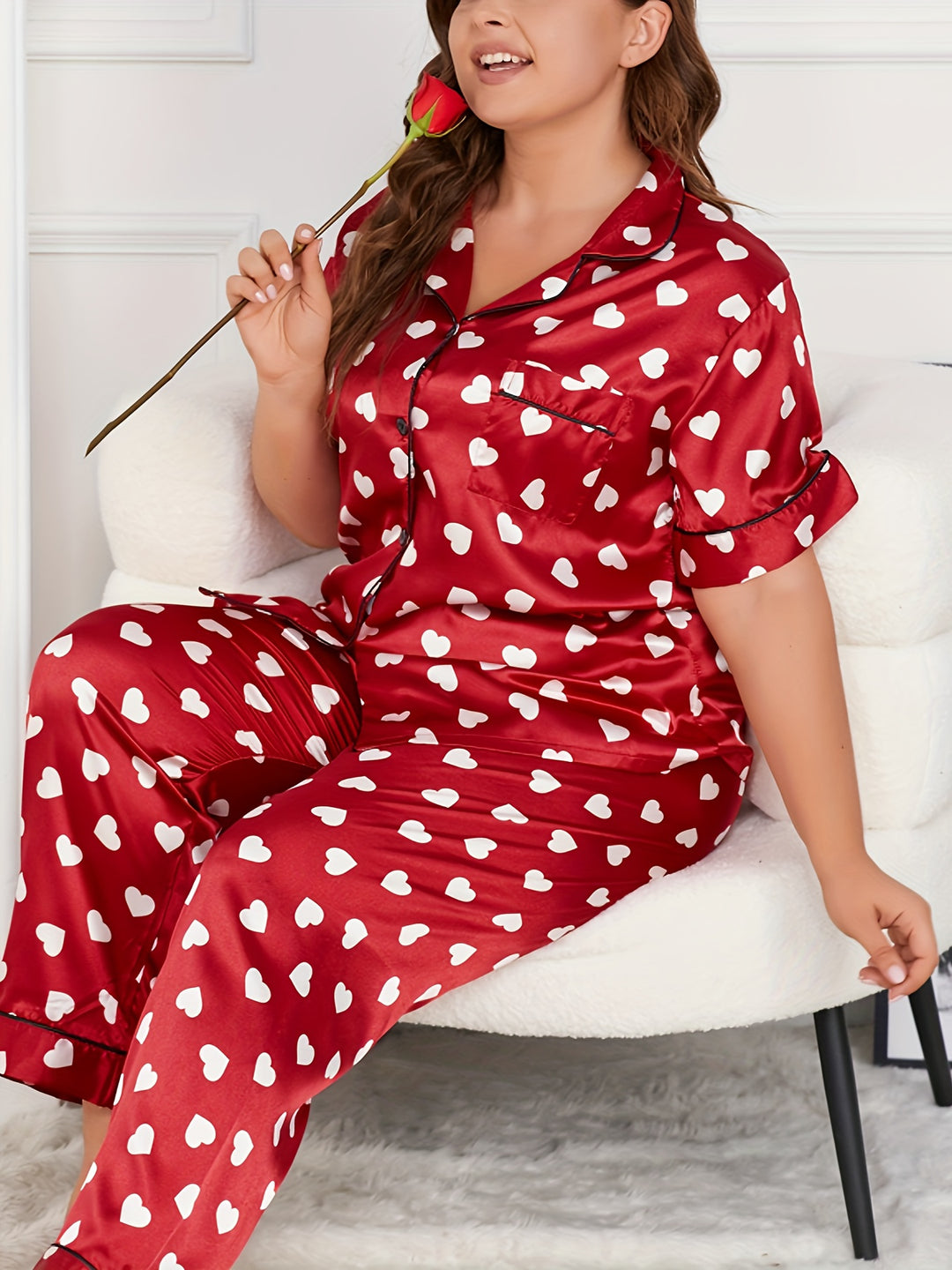 Women's Valentine's Day Elegant Pajamas Set, Plus Size Heart Print Short Sleeve Button Up Satin Shirt & Pants Lounge 2 Piece Set