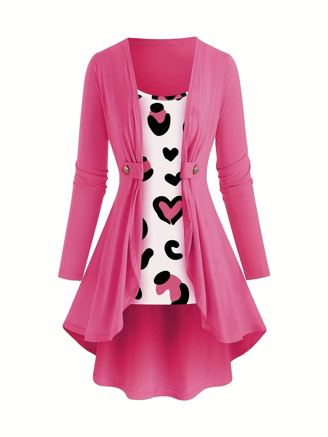 Plus Size Colorblock Two-piece Set, Irregular Hem Long Sleeve Cardigan & Heart Print Cami Top Outfits, Women's Plus Size Clothing