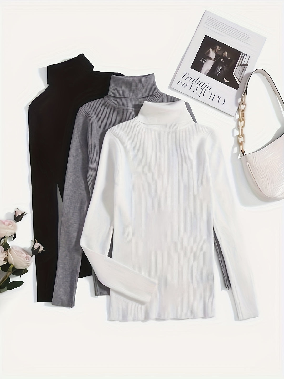 Solid Turtle Neck Rib Knit Sweater 3 Pack, Elegant Long Sleeve Slim Versatile Sweater, Women's Clothing