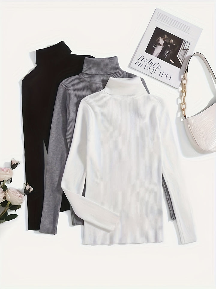 Solid Turtle Neck Rib Knit Sweater 3 Pack, Elegant Long Sleeve Slim Versatile Sweater, Women's Clothing