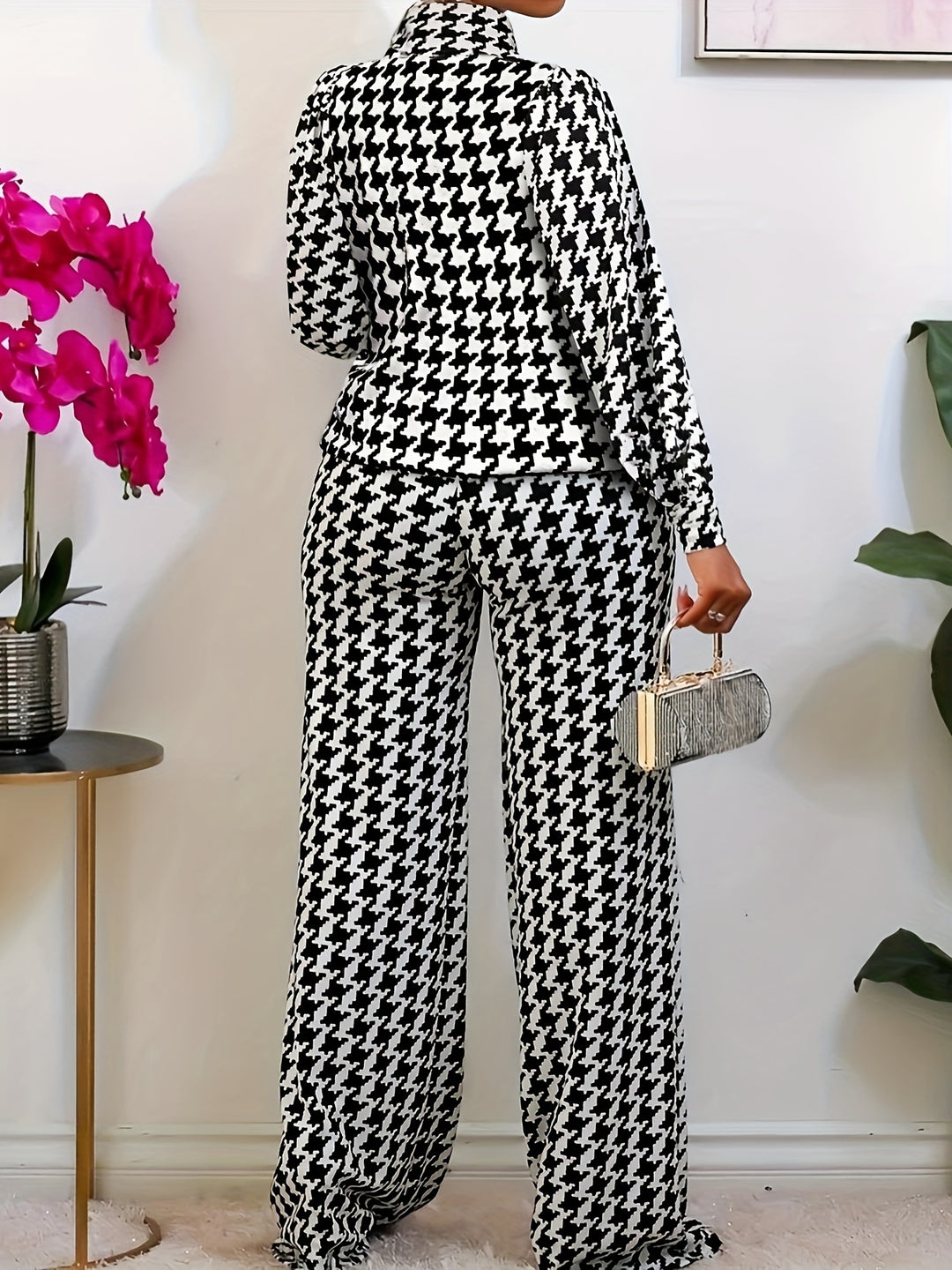 Plus Size Casual Outfits Set, Women's Plus Houndstooth Print Long Sleeve High Neck Top & Wide Leg Pants Outfits Two Piece Set