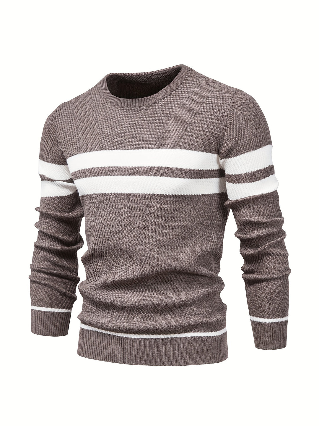 All-Match Striped Knitted Sweater, Men's Casual Warm High Stretch Crew Neck Pullover Sweater For Fall Winter