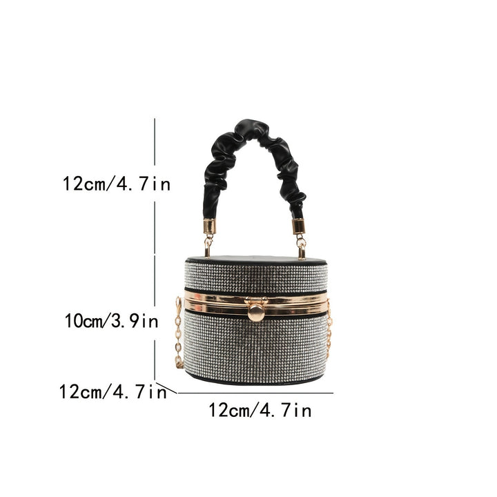Mini Allover Rhinestone Handbag, Ruched Detail Evening Bucket Bag, Stylish Chain Shoulder Purse For Party (3.9*4.7*4.7) Inch