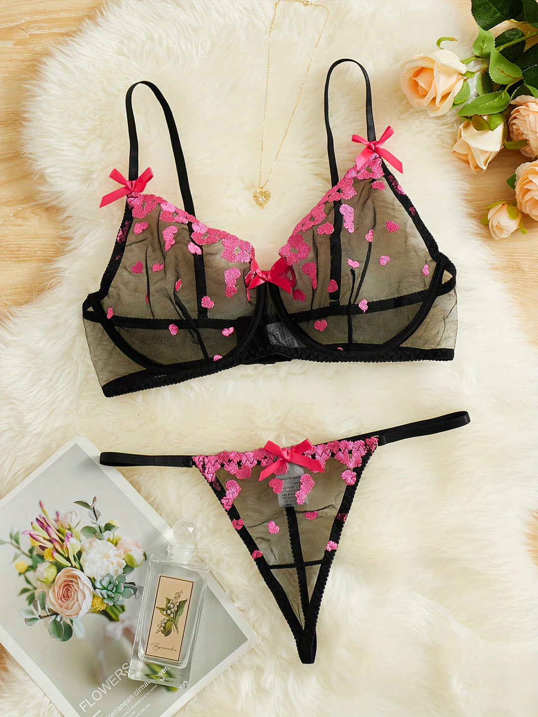 Women's Valentine's Day Sexy Lingerie Set, Plus Size Heart Embroidered Bow Decor Sheer Mesh Bra & Thong Lingerie 2 Piece Set