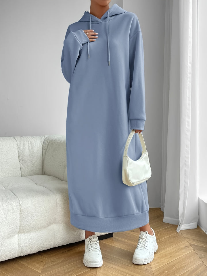 Solid Drawstring Hooded Dress, Casual Long Sleeve Loose Dress, Women's Clothing