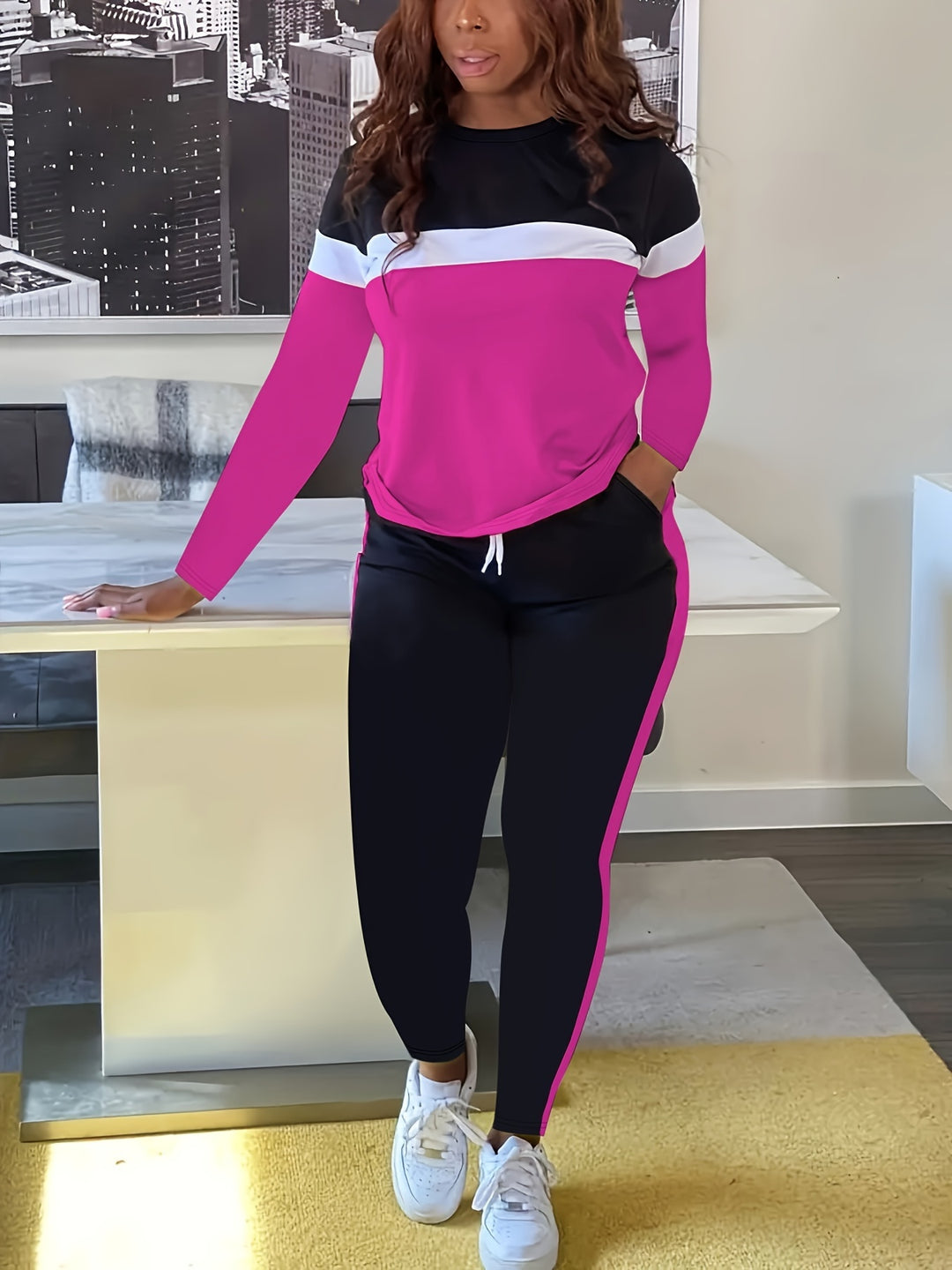 Plus Size Casual Outfits Two Piece Set, Women's Plus Colorblock Stripe Print Long Sleeve Round Neck Top & Drawstring Pants Outfits 2 Piece Set