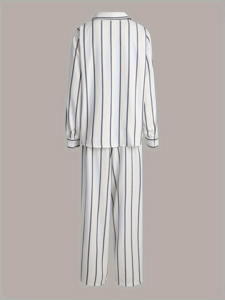 Plus Size Casual Outfits Set, Women's Plus Stripe Print Button Up Long Sleeve Turn Down Collar Blouse & Button Fly Wide Leg Pants Outfits 2 Piece Set