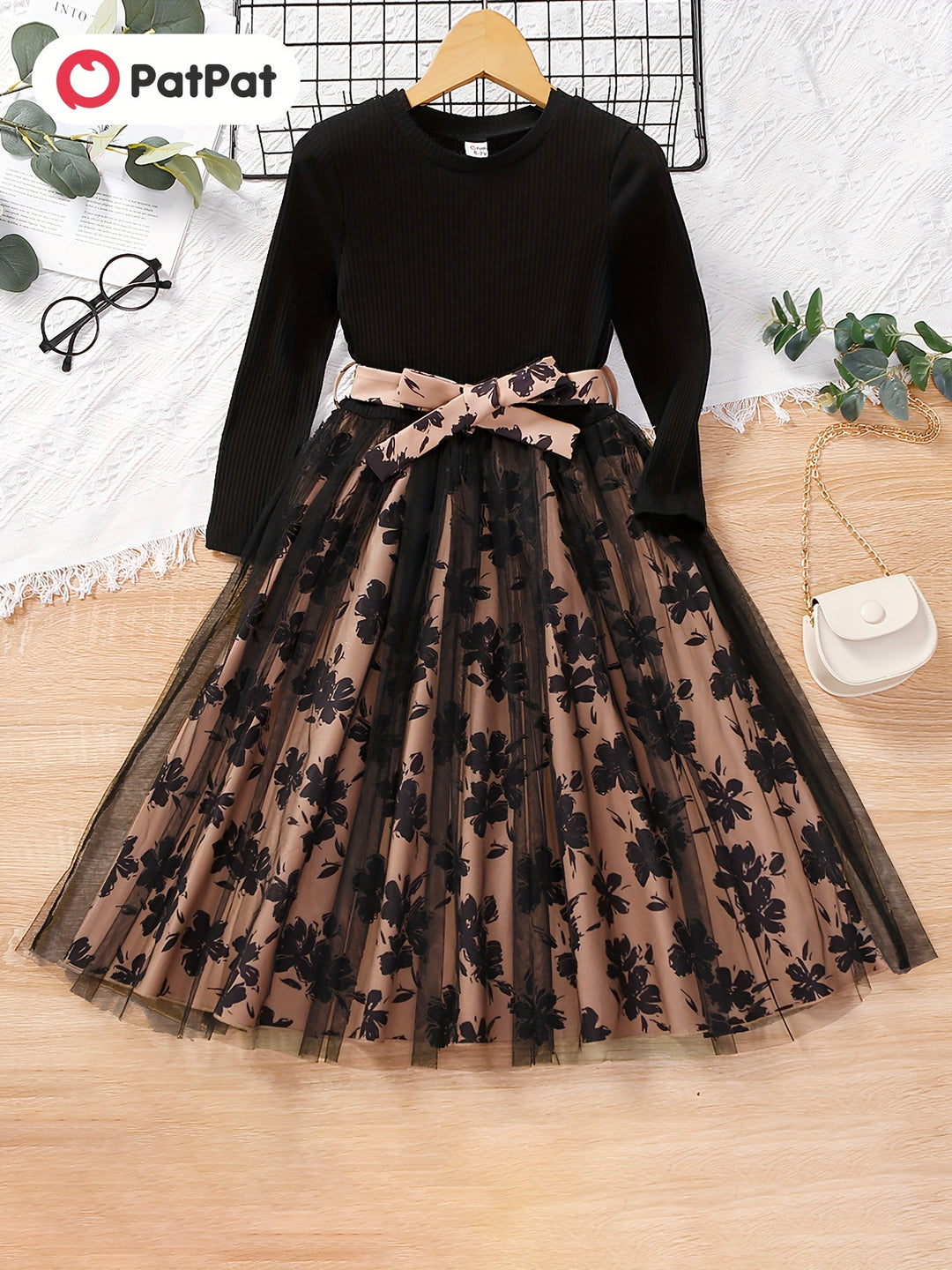 PatPat 2pcs Kid Girl Trend Flower Print Waistband Design Round Neck Pleated Hem Long-sleeve Dress  For Spring & Autumn/Fall