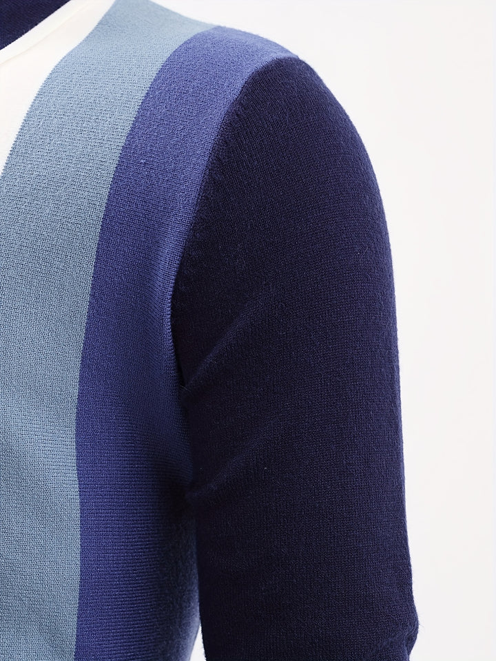 Striped Pattern Chic Knit Shirt, Men's Casual Lapel Slightly Stretch V-Neck Pullover Sweater For Men Winter Fall