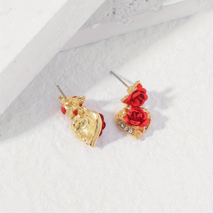 Romantic Valentine's Day Gift - Elegant Women's Heart Rose Flower Dangle Stud Earrings
