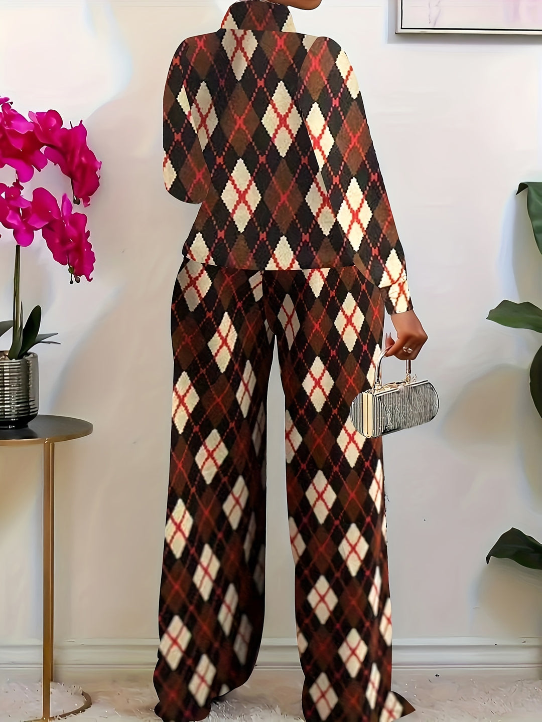 Plus Size Casual Outfits Set, Women's Plus Houndstooth Print Long Sleeve High Neck Top & Wide Leg Pants Outfits Two Piece Set