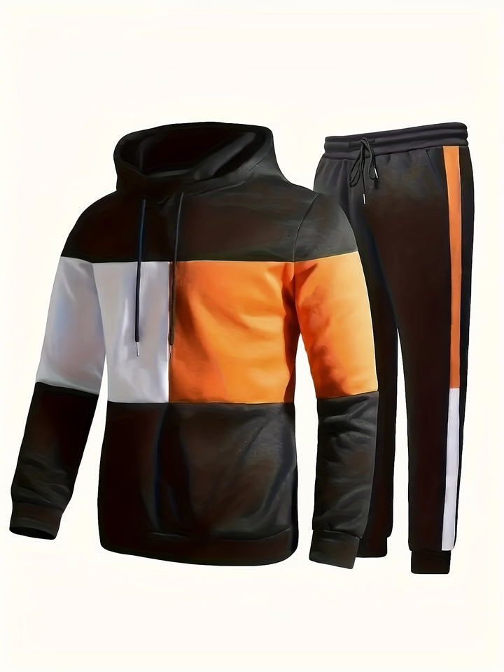 Color Block Men's 2Pcs Outfits, Casual Hoodies Long Sleeve Pullover Hooded Sweatshirt And Sweatpants Joggers Set For Spring Fall, Men's Clothing
