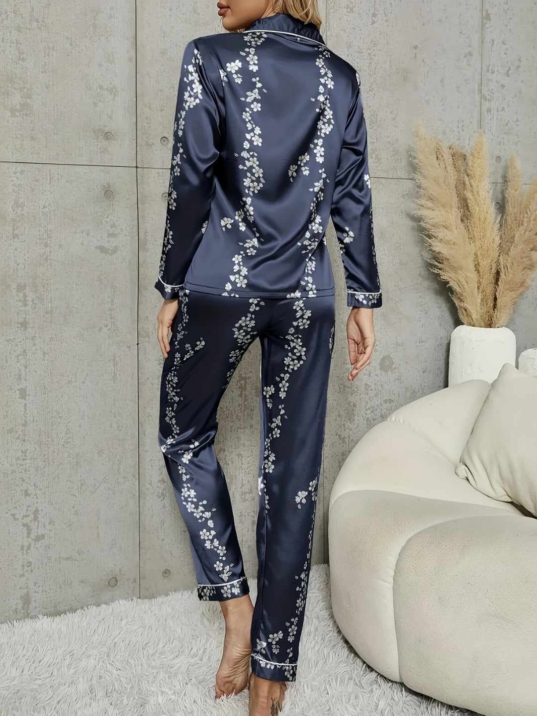 Floral Print Pajama Set, Short Sleeve Buttons Top & Elastic Waistband Pants, Women's Sleepwear & Loungewear