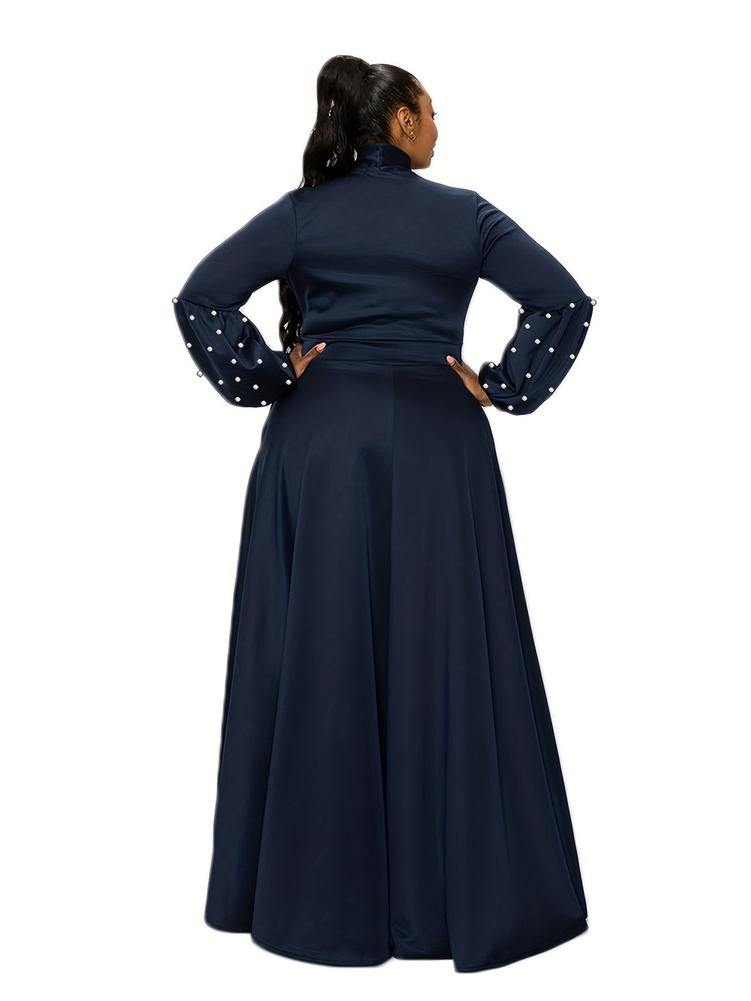 Plus Size Elegant Dress, Women's Plus Plain Faux Pearl Decor Knot Front Loose Fit Maxi Party Dress