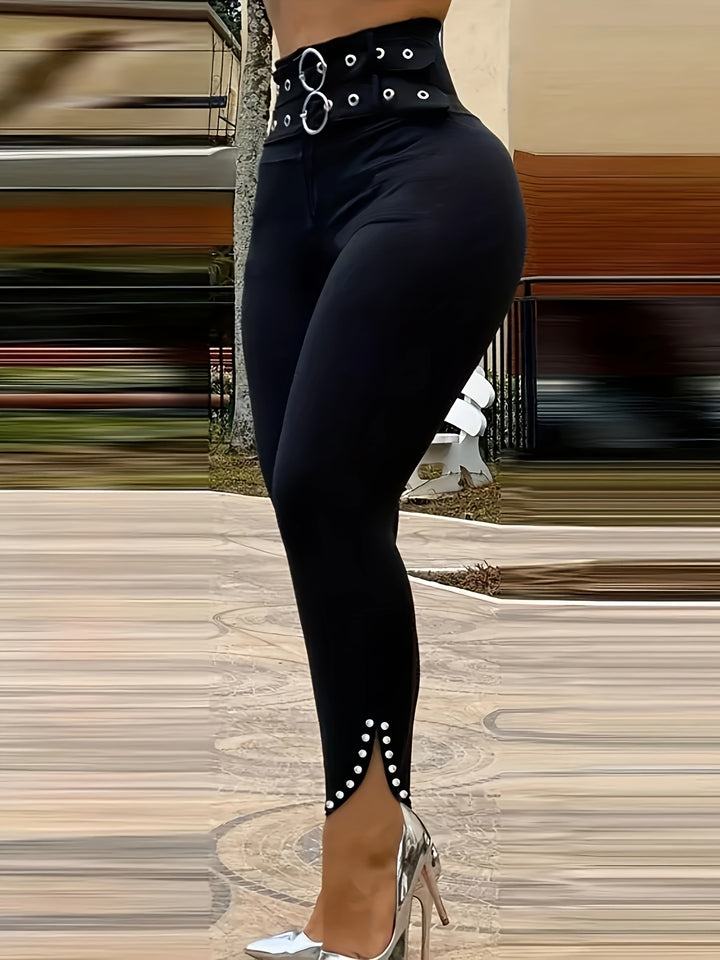 Solid Belted High Waist Pants, Versatile Slim Pants For Spring & Fall, Women's Clothing