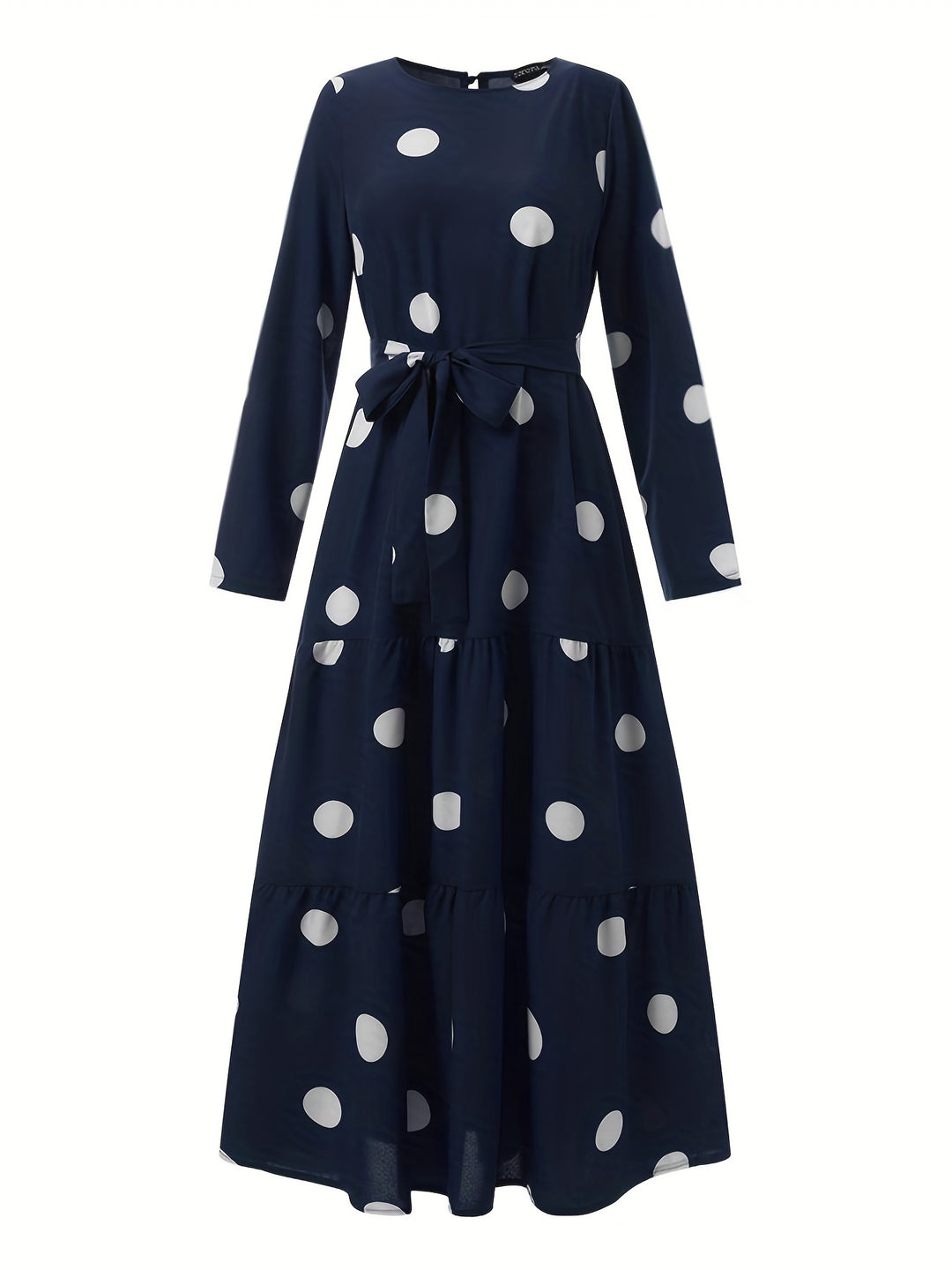 Polk -dot Print Tie Waist Abayas, Elegant Long Sleeve Ruffle Hem Maxi Dress, Women's Clothing