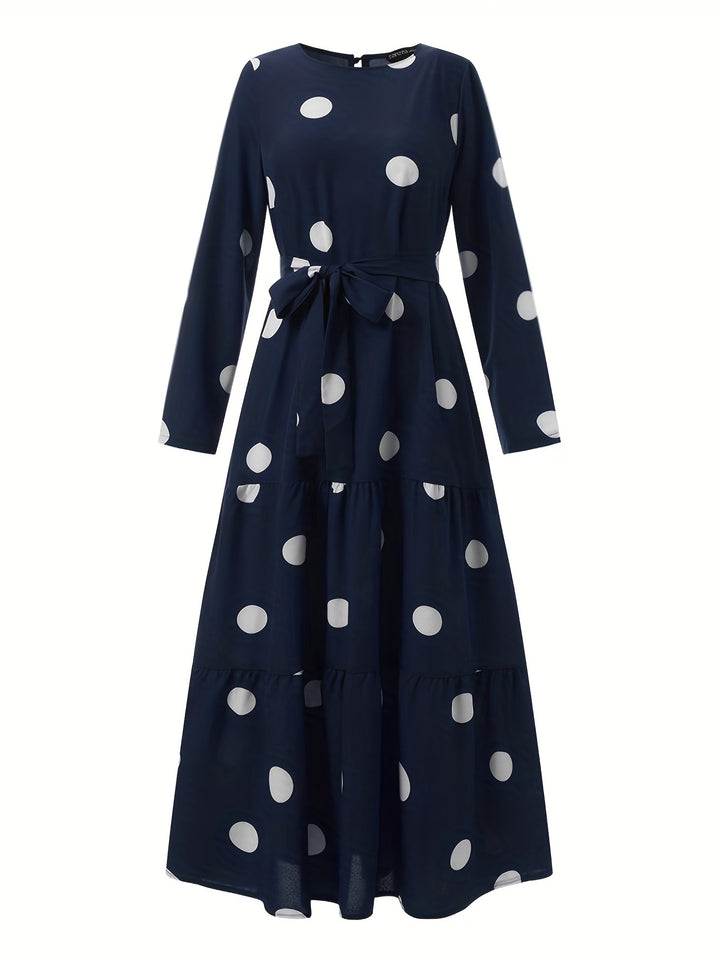 Polk -dot Print Tie Waist Abayas, Elegant Long Sleeve Ruffle Hem Maxi Dress, Women's Clothing