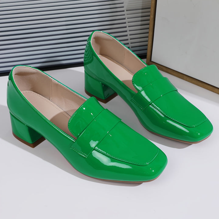 Women's Chunky Heeled Loafers, Solid Color Square Toe Patent Leather Pumps, All-Match Slip On Shoes