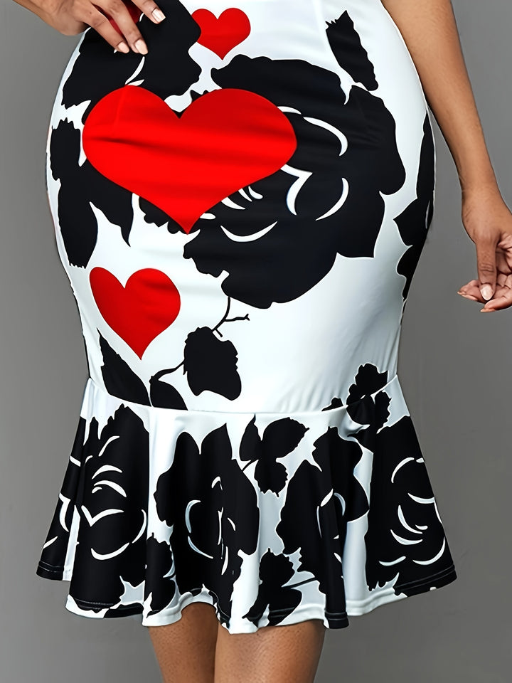 Plus Size Casual Dress, Women's Plus Floral & Heart Print Short Sleeve Round Neck Midi Mermaid Dress