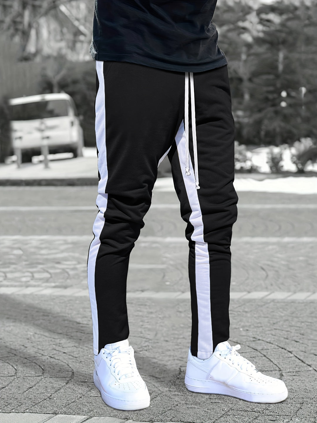 Chic Side-Striped Joggers, Men's Casual Waist Drawstring Sports Pants Sweatpants