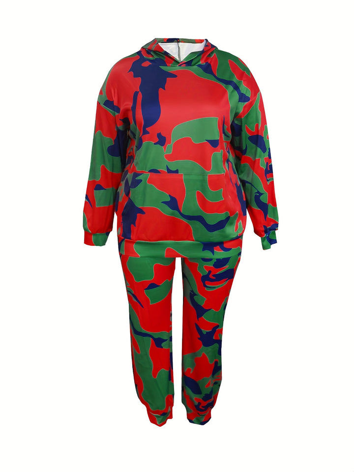 Plus Size Casual Outfits Set, Women's Plus Camo Print Long Sleeve Slight Stretch Hoodie & Joggers Outfits Two Piece Set