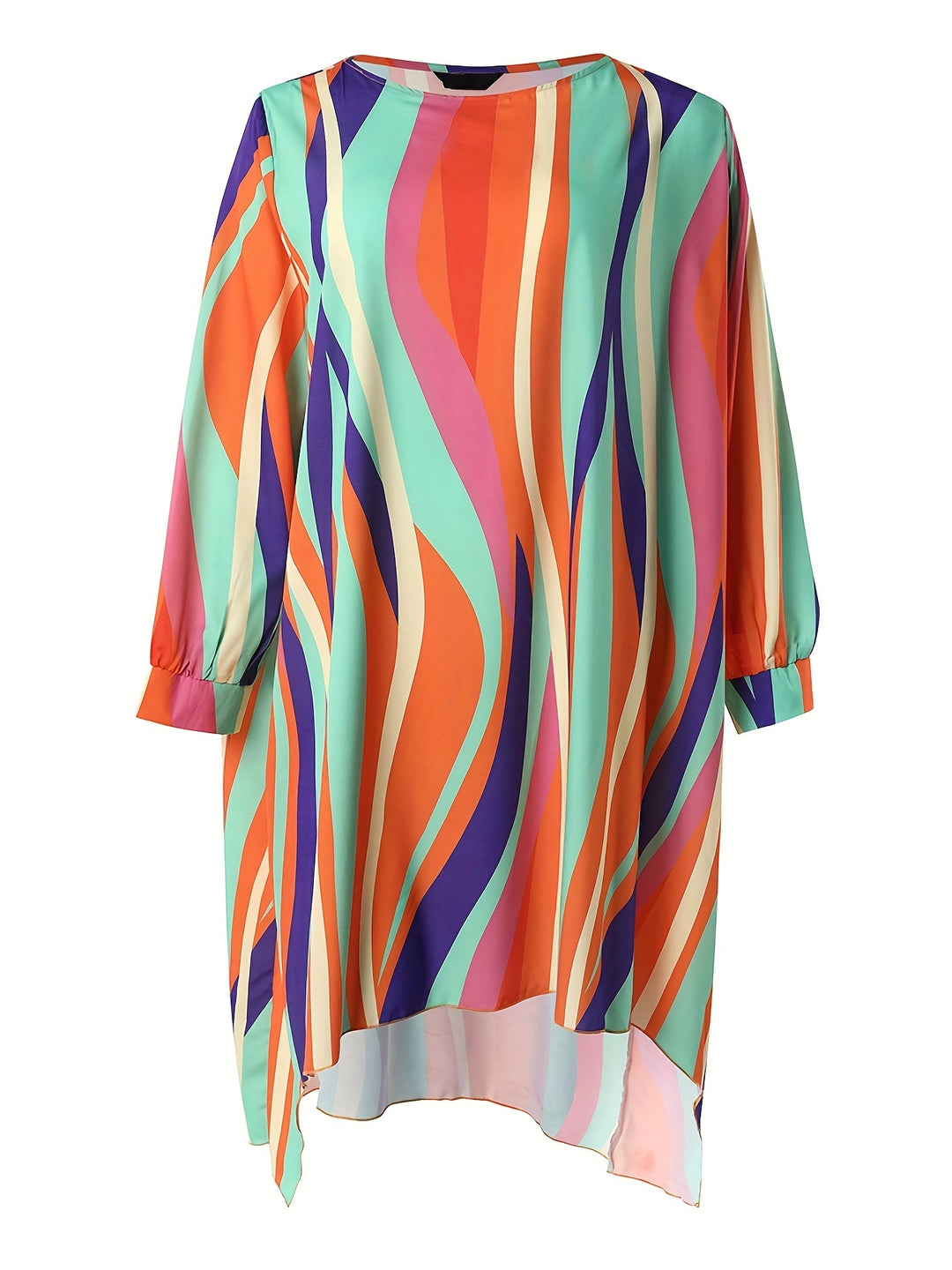 Plus Size Rainbow Striped Loose Fit Maxi Dress, Women's Plus Casual Round Neck Dress