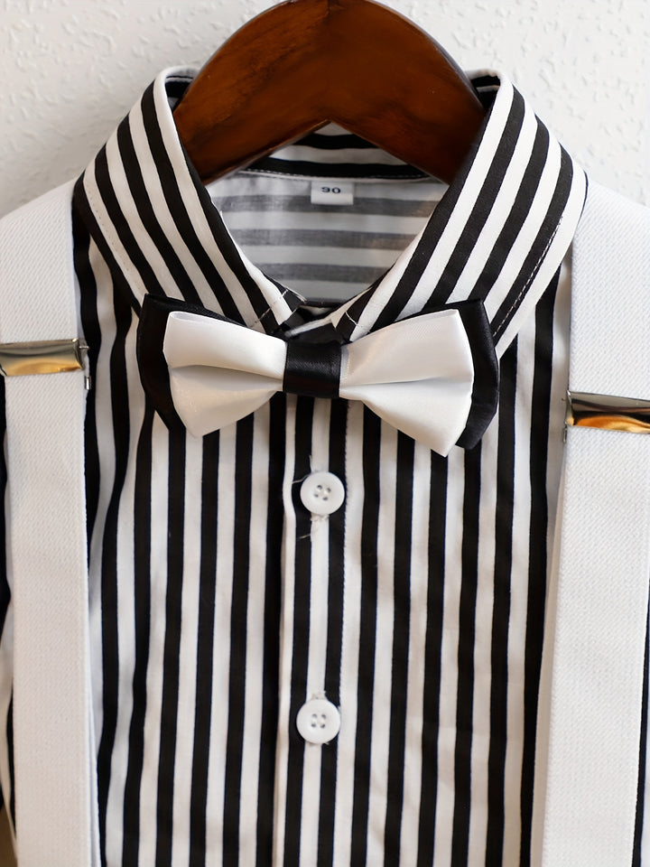 Boy's Gentleman 2pcs, Stripe Pattern Bowtie Shirt & Overalls Set, Color Clash Casual Outfits For Speech Performance Birthday Party, Kids Clothes For Spring Fall