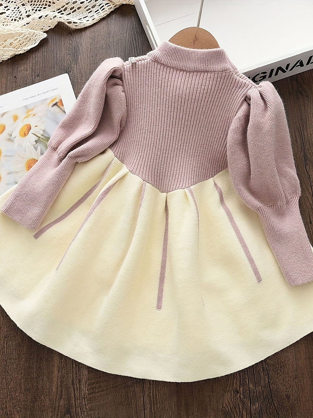 Girl's Bowknot Decor Elegant Dress, Knitted Puff Sleeve Dress, Kid's Clothes For Spring Fall