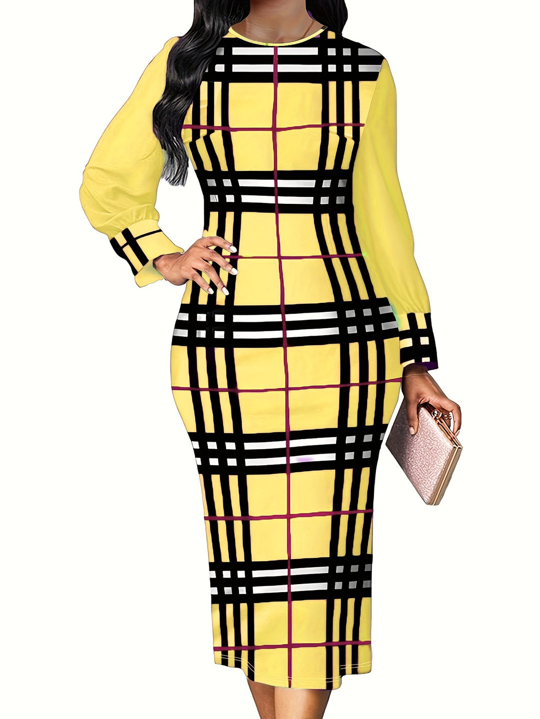 Stylish Plus Size Plaid Dress for Women, Long Sleeve Medium Stretch Slim Fit Dress