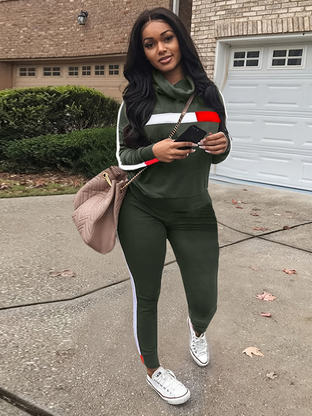 Striped Graphic 2 Piece Tracksuit Outfits, Casual Turtleneck Pullover Shirt & Sweatpants, Women's Clothing