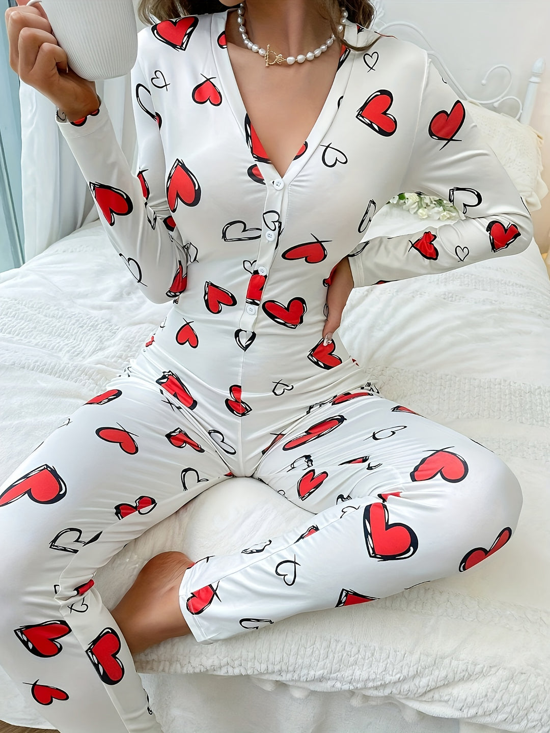 Women's Valentine's Day Casual Loungewear Jumpsuit, Plus Size Heart Print Long Sleeve Button Up V Neck Slim Fit Home Jumpsuit