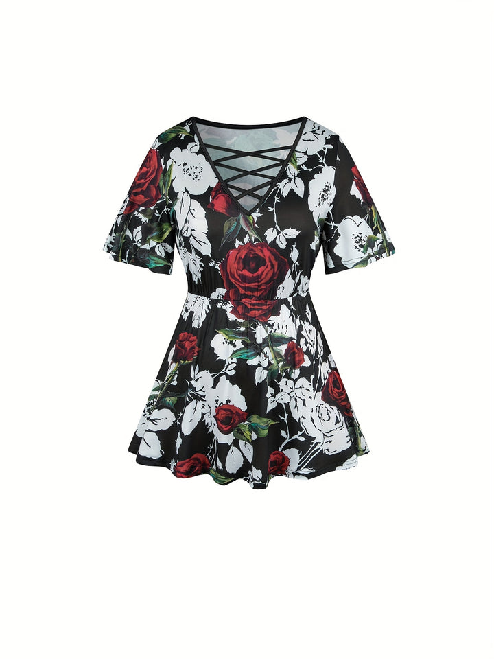 Plus Size Floral Print Two-piece Set, Cross Front Short Sleeve Top & Wide Leg Pants Outfits, Women's Plus Size Clothing