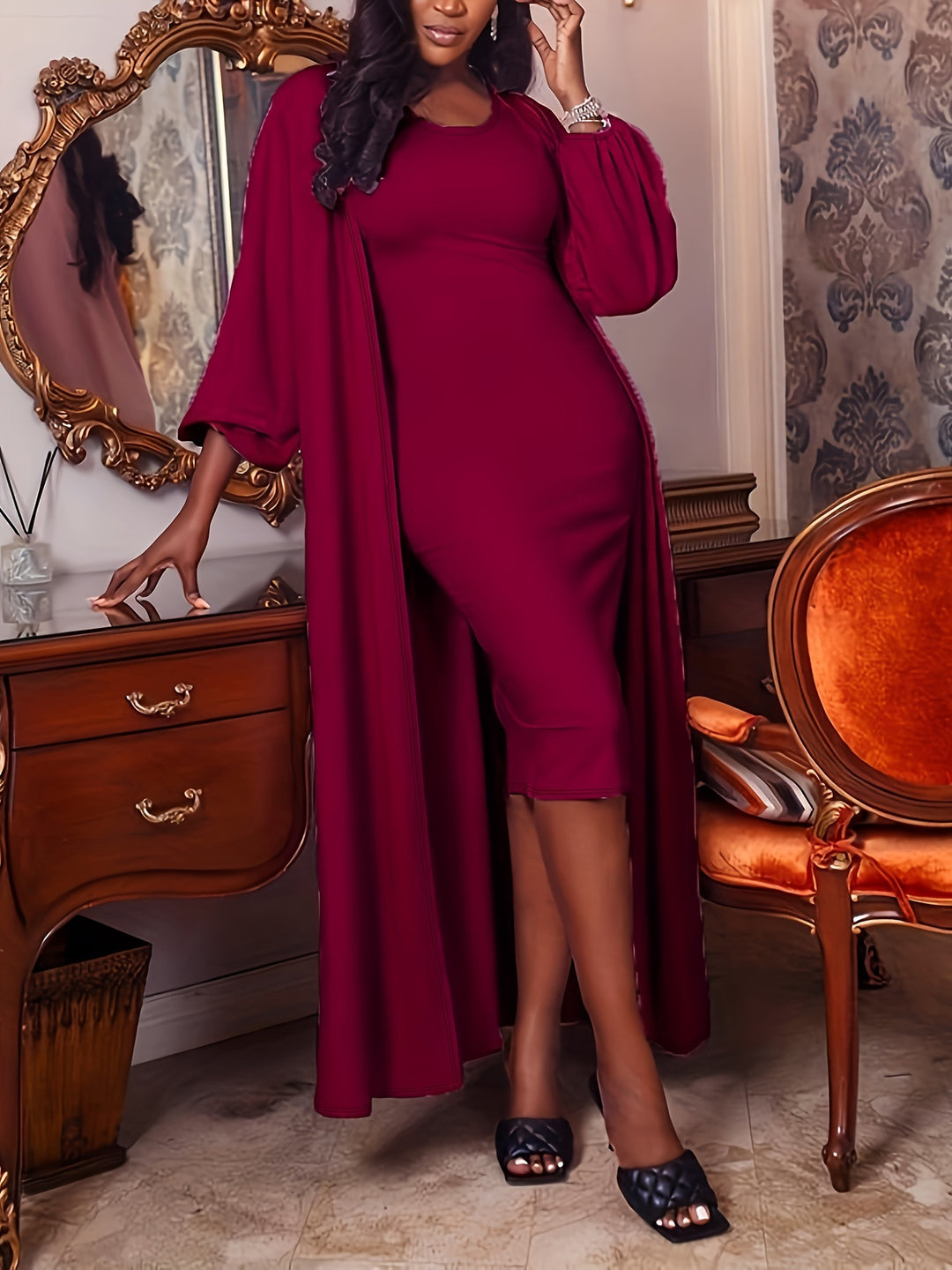 Plus Size Casual Outfits Set, Women's Plus Solid Round Neck Slight Stretch Dress & Lantern Sleeve Open Front Cardigan Outfits Two Piece Set