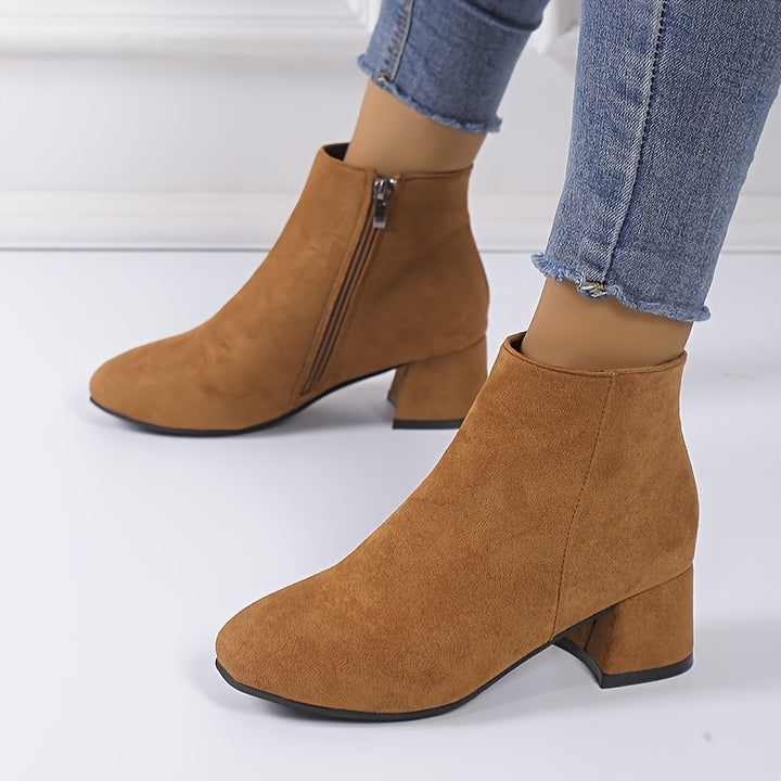 Women's Solid Color Block Heeled Ankle Boots, Side Zipper Short Boots, Women's Footwear