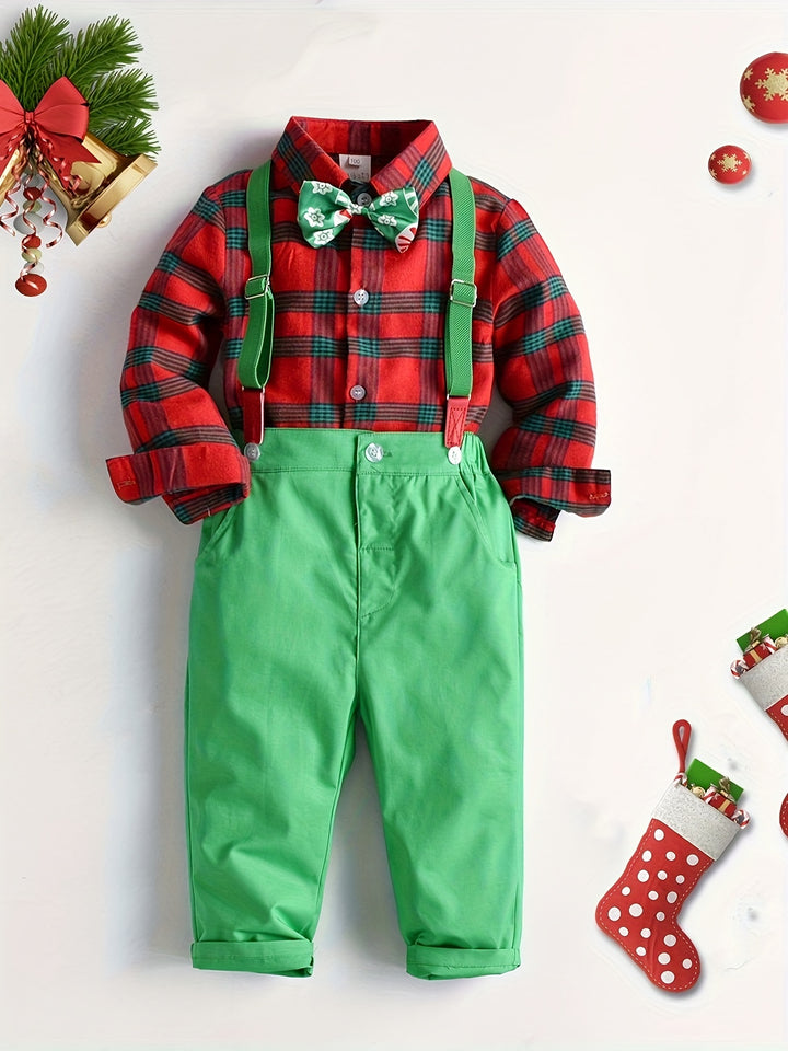 Boy's Christmas Style Gentleman Outfit, Plaid Pattern Bowtie Shirt & Vest & Overalls Set, Formal Wear For Speech Performance Birthday Party, Kid's Clothes For Spring Fall Winter