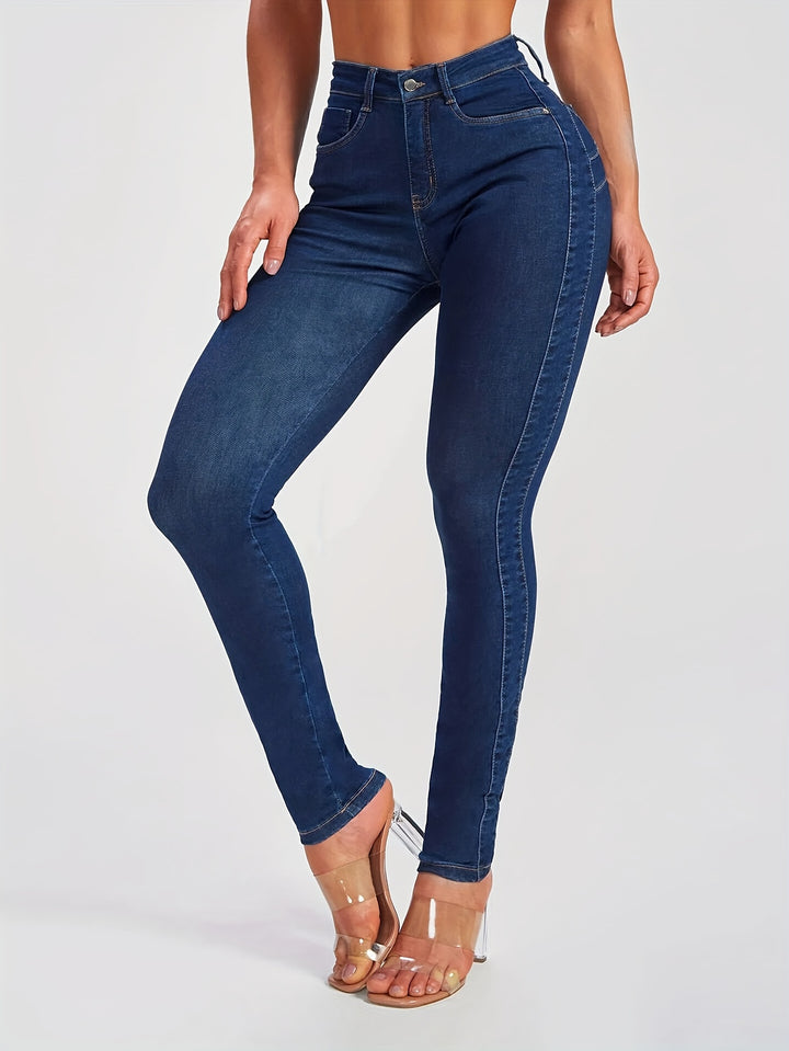 Women's High Waist Stretchy Skinny Leg Jeans, Solid Butt Lifting Denim Pants, Classic Side Patchwork Jeans