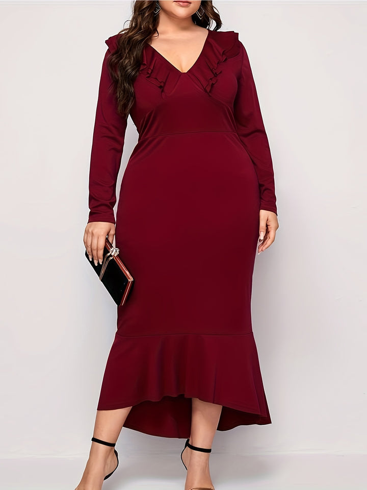 Elegant Plus Size Dress for Women, Long Sleeve V Neck Ruffle Trim Dress with Medium Stretch Fabric