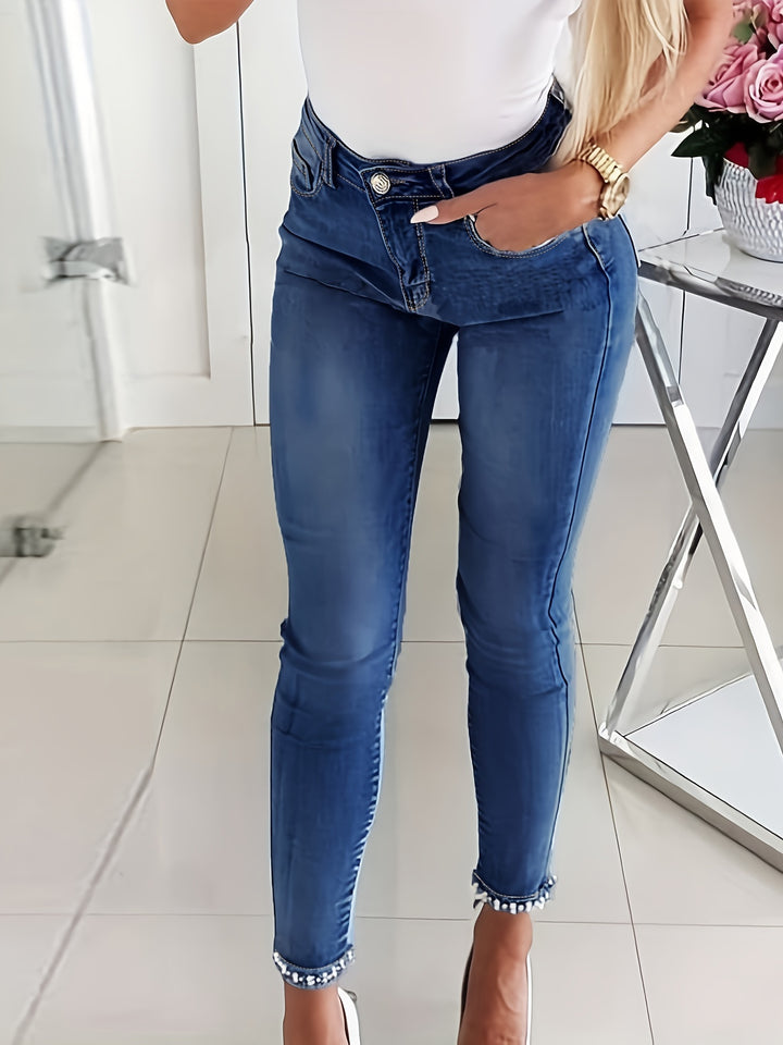 Blue High-Stretch Skinny Jeans, Faux Pearl Decor Slim Fit Split Denim Pants, Women's Denim Jeans & Clothing