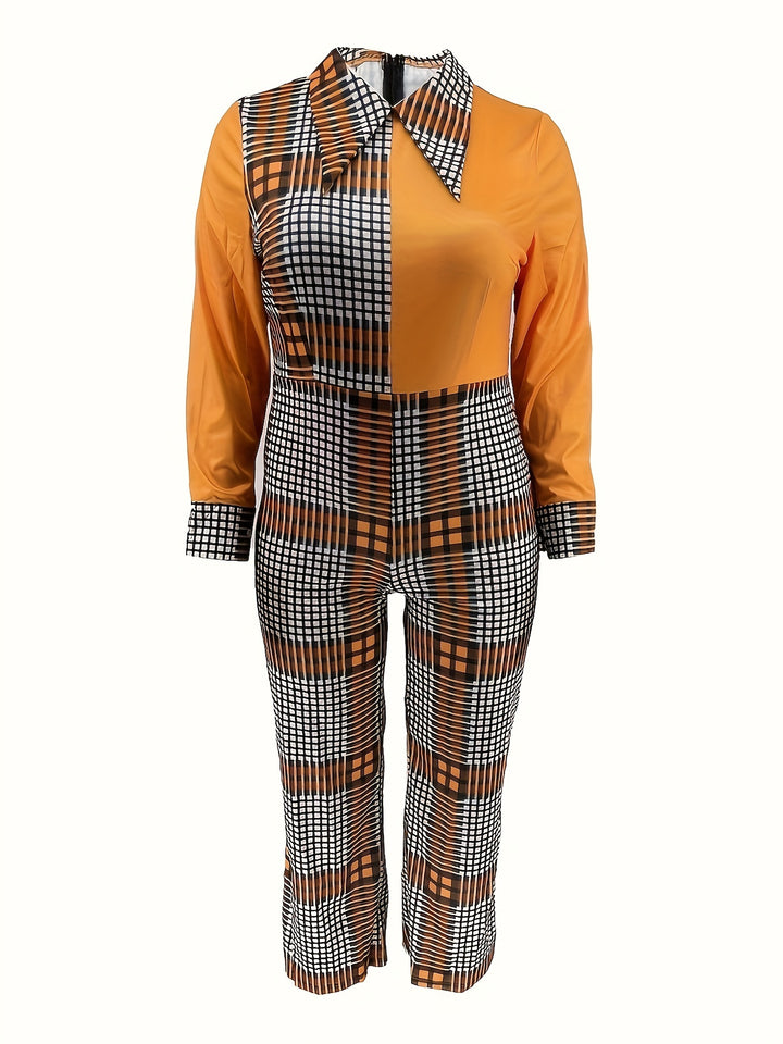 Plus Size Casual Jumpsuit, Women's Plus Colorblock Geometric Print Long Sleeve Turn Down Collar Jumpsuit